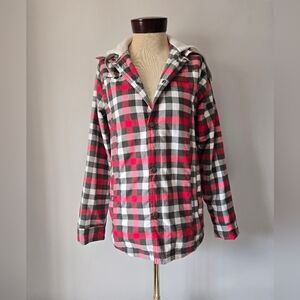 DC Pink, White And Grey Plaid Lightweight Hooded Jacket. Size Small